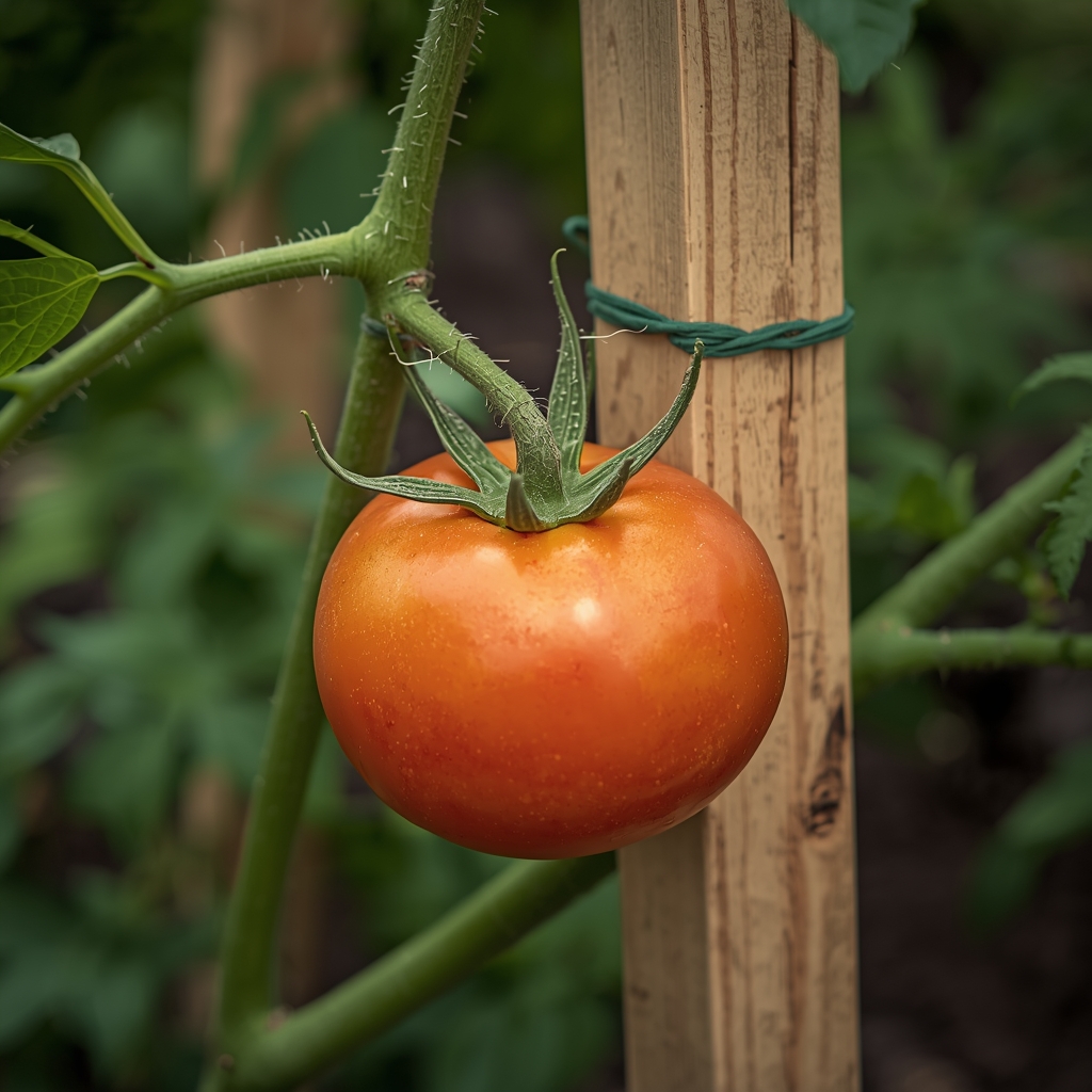 Paradajz biljka vezana za potporni kolac u bašti
