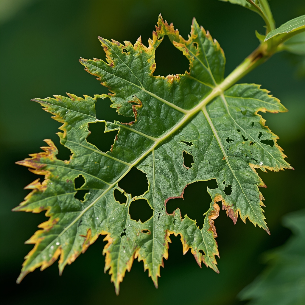 Oštećenje lista biljke izazvano gusenicama sovica.